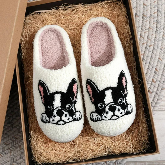 Pet Pattern French Bulldog Embroidery Stuffed Home Platform Cozy Furry Cotton Slippers Cute Warm Non-Slip Indoor Slippers