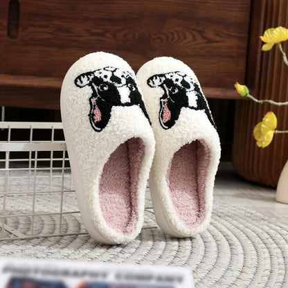 Pet Pattern French Bulldog Embroidery Stuffed Home Platform Cozy Furry Cotton Slippers Cute Warm Non-Slip Indoor Slippers