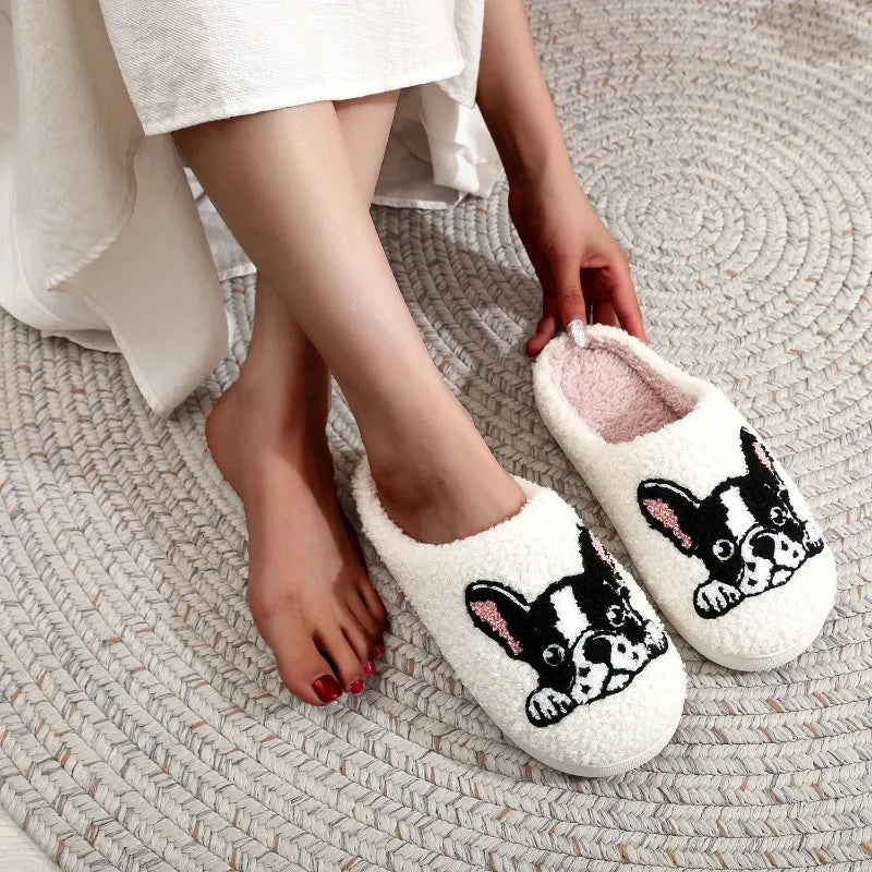 Pet Pattern French Bulldog Embroidery Stuffed Home Platform Cozy Furry Cotton Slippers Cute Warm Non-Slip Indoor Slippers