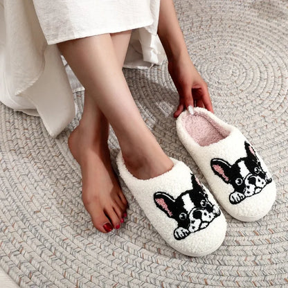 Pet Pattern French Bulldog Embroidery Stuffed Home Platform Cozy Furry Cotton Slippers Cute Warm Non-Slip Indoor Slippers