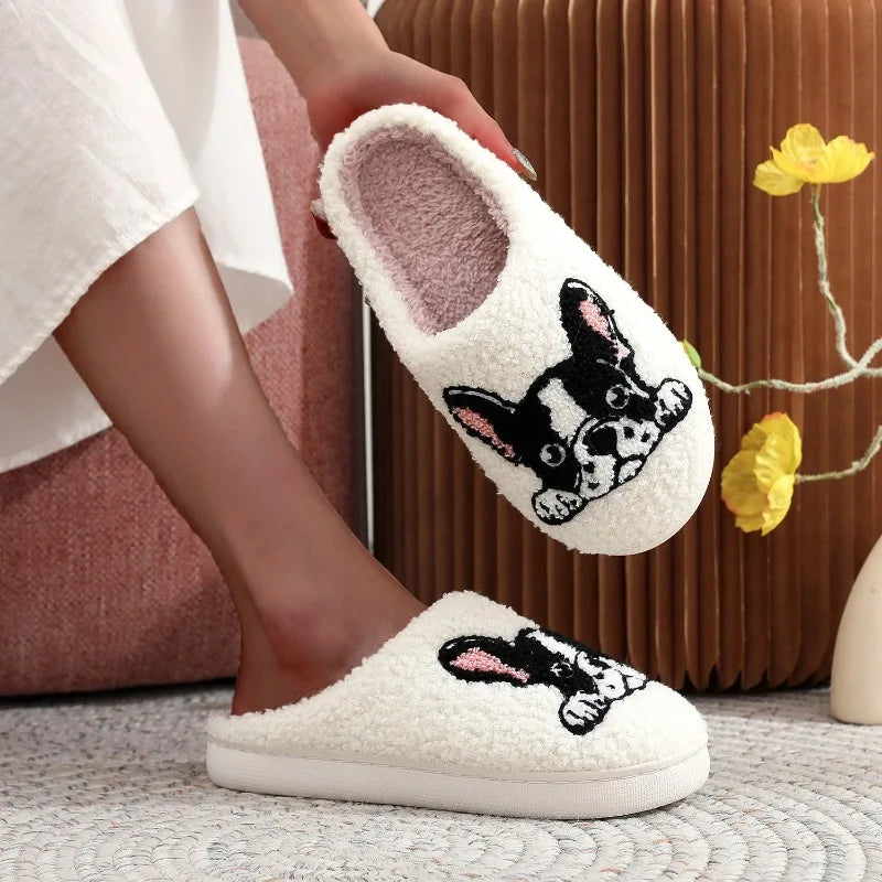 Pet Pattern French Bulldog Embroidery Stuffed Home Platform Cozy Furry Cotton Slippers Cute Warm Non-Slip Indoor Slippers