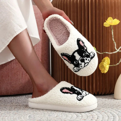 Pet Pattern French Bulldog Embroidery Stuffed Home Platform Cozy Furry Cotton Slippers Cute Warm Non-Slip Indoor Slippers