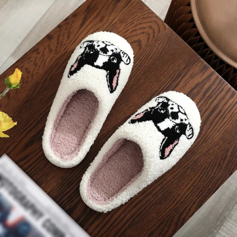 Pet Pattern French Bulldog Embroidery Stuffed Home Platform Cozy Furry Cotton Slippers Cute Warm Non-Slip Indoor Slippers